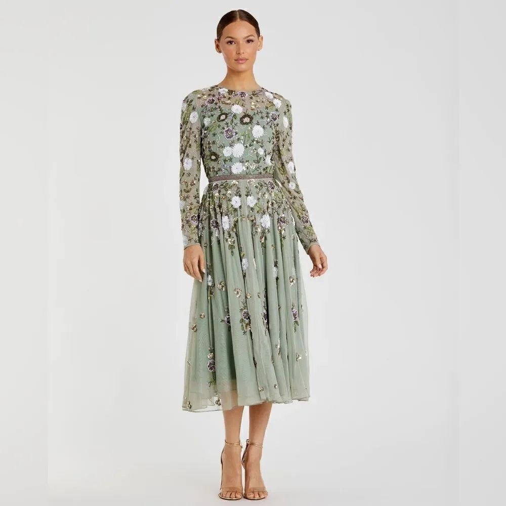 MAC DUGGAL Size 4 Green Long Sleeve Sequin Beaded Floral Midi Gown Dress